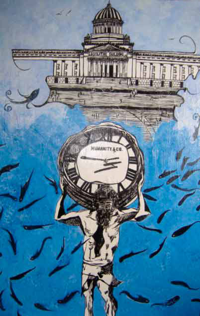 Acrylic on masonite depicting the floating legislative building hovering above the oceans full of fish, while Father Time is holding the clock, as time ticks by...measuring approximately 2.5' wide by 3.5' tall.