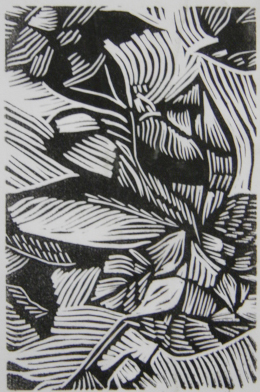 Beetle Bug linocut. Black on white paper, resembling a beetle bug within the foliage of a bush.